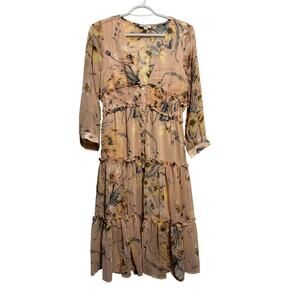 Shero floral ruffle tiered sheer lined‎ empire waist dress womens medium cottage